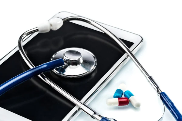 Tıbbi araştırma, dijital tablet ve stetoskop Stok Fotoğraf