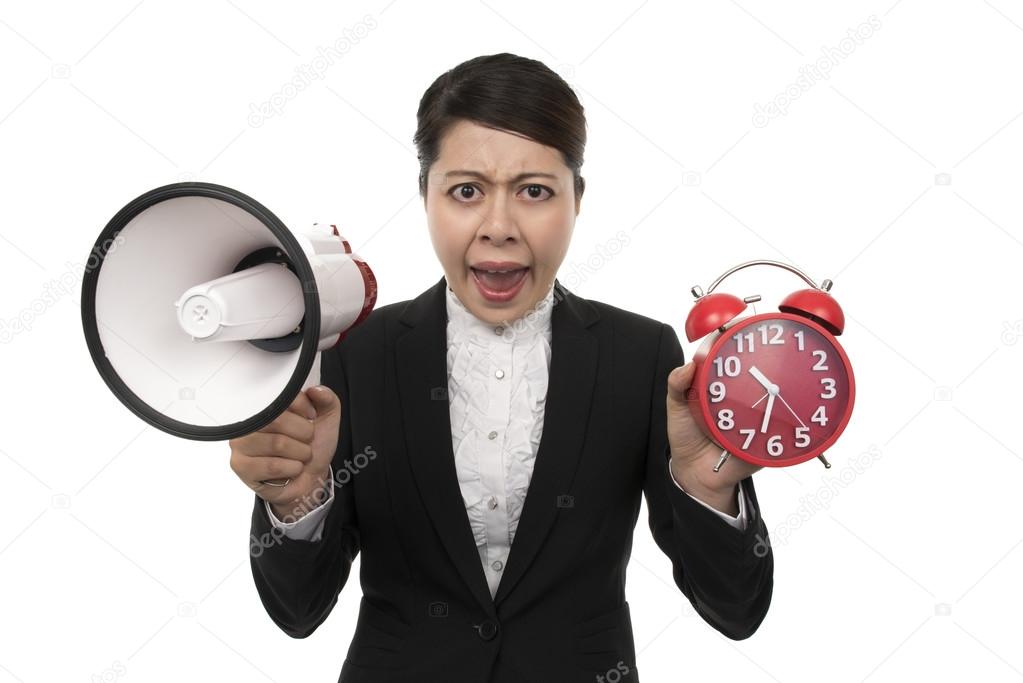 Business Woman Using a Megaphone tell no time