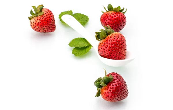 Fresh strawberry in white spoon, healthy, natural, mint — Stock Photo, Image