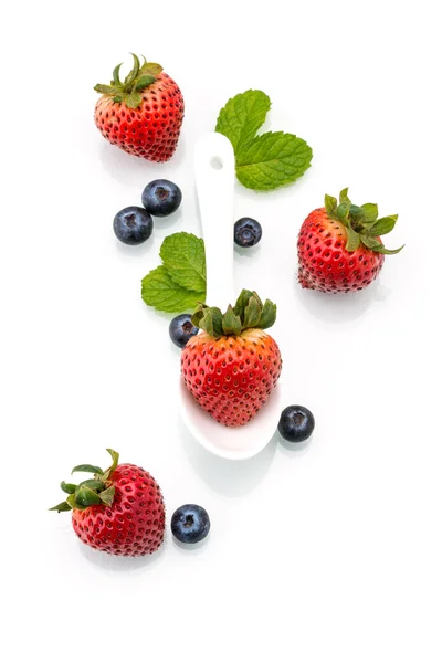 Fresh strawberry in white spoon, healthy, natural, mint, Blueber — Stock Photo, Image
