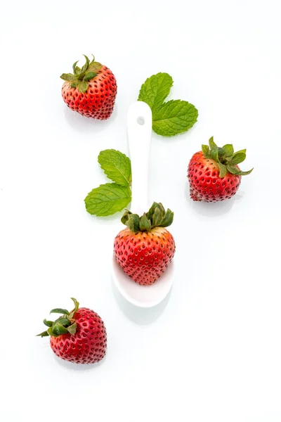Fresh strawberry in white spoon, healthy, natural, mint — Stock Photo, Image