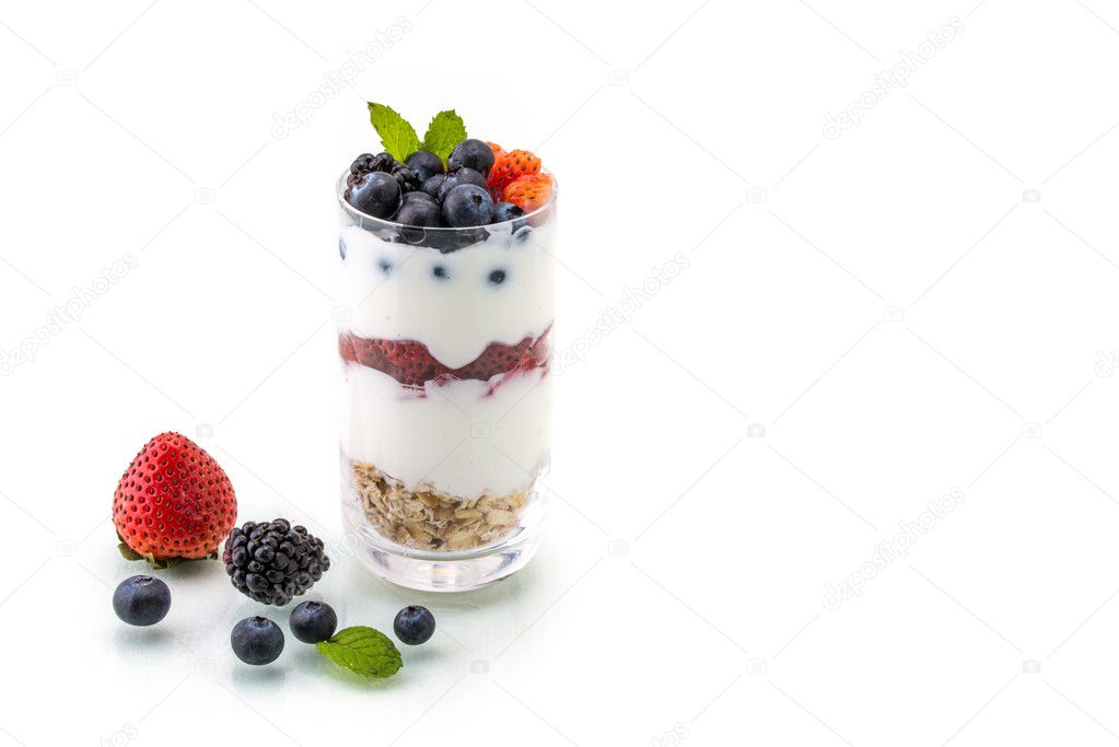 homemade healthy breakfast with yogurt, berry and oatmeal