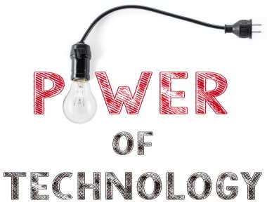 power of technology phrase and light bulb, hand writing business
