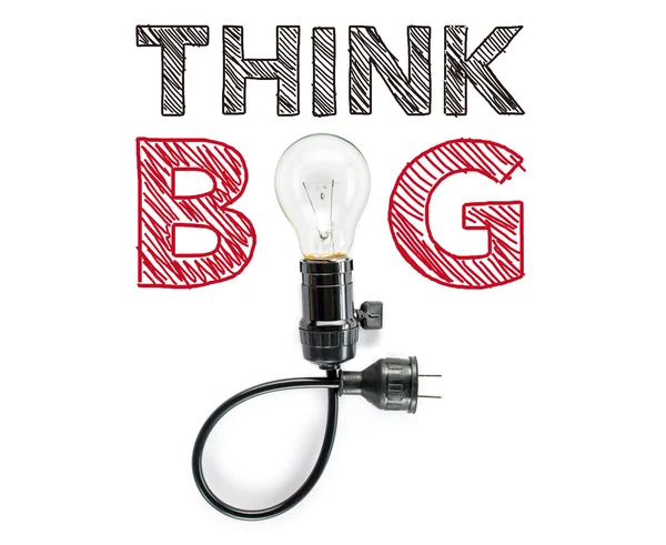 Think big phrase and light bulb, hand writing, inspiration  imag — Stock Photo, Image