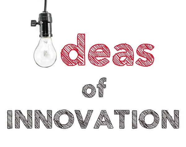 Ideas of innovation phrase and light bulb, hand writing — Stock Photo, Image