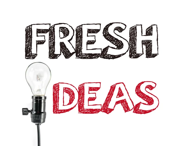 Fresh ideas phrase and light bulb, hand writing — Zdjęcie stockowe