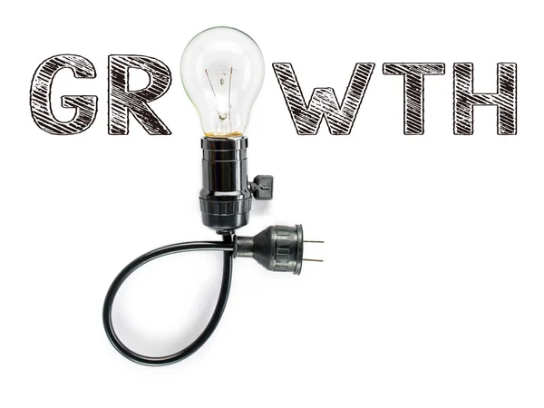 Growth phrase and light bulb, hand writing, aggressive challenge — 图库照片