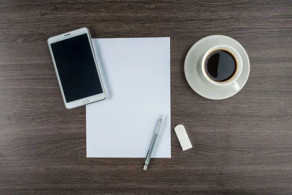 Tablet, paper, Eraser and Mechanical pencil with coffee — Stock Photo, Image