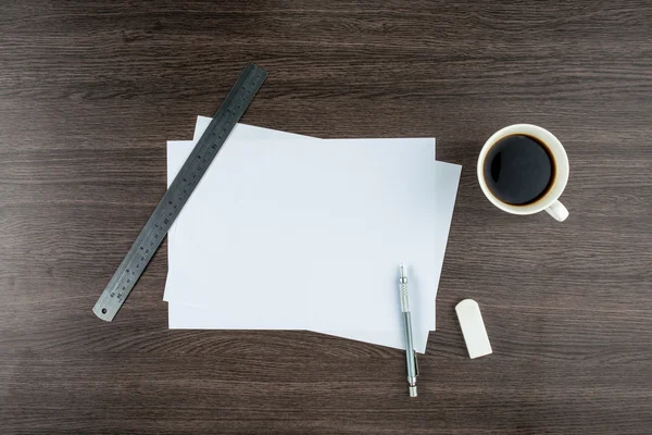 Paper, Eraser Ruler and Mechanical pencil with coffee — Stock Photo, Image