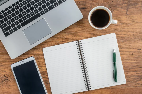 Laptop, notebook, Tablet and coffee on work desk — Stock Photo, Image