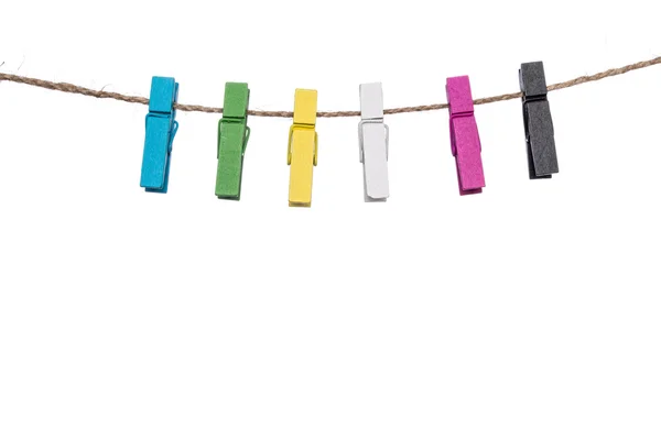 Colorful clothespins on a clothesline , clamp peg housework — Stock Photo, Image