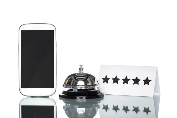 Globalization website booking lodging by cell phone, Five Stars — Stock Photo, Image