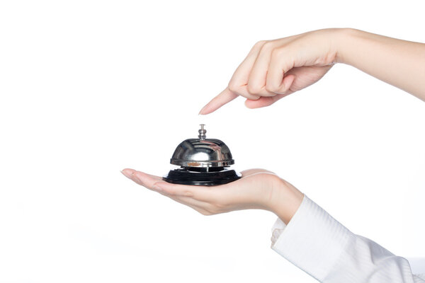 woman hand holding Service bell and press button