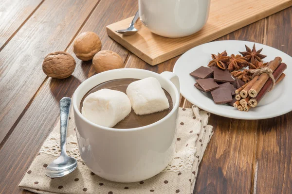 Homemade hot chocolate and marshmallow, spice with walnut — Stock Photo, Image