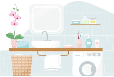 Hoş renklerde bir banyonun vektör çizimi. Lavabo, ayna, çiçek, kozmetik, havlu, çamaşır makinesi..