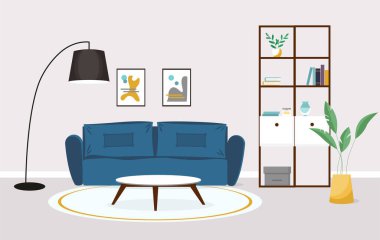 Modern oturma odasının içi. Vektör bayrağı. Kanepesi, lambası ve dekoratif aksesuarları olan rahat bir oda tasarımı.