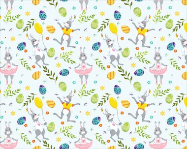 Tavşanlarla, yumurtalarla, yapraklarla, çiçeklerle ve balonlarla mutlu Paskalyalar. Sevimli kusursuz vektör deseni. Bahar tatili.