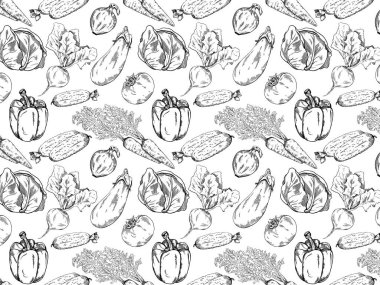 Sebzelerin siyah beyaz deseni. Linocut sebzeler. Pancar, havuç, maydanoz, soğan, domates deseni.