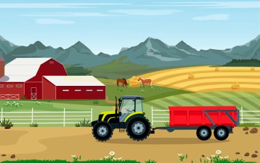 Tarımın ve tarımın vektör çizimi. Tarım işi. Çiftliği olan kırsal bir arazi ve treyleri olan bir traktör. Bilgi grafikleri, web siteleri ve yazdırma ortamı için tasarım ögeleri