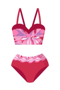 Moda kadın mayosu, sütyen ve manolya çiçeği desenli bikini. Beyaz arkaplan vektör çiziminde izole