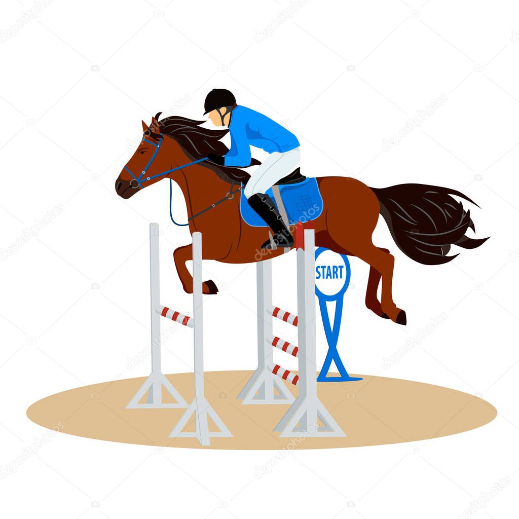 Horse with rider jumping over the barrier. Jockey on horse. Horse riding. Equestrian Sport. Isolated Vector Illustration.