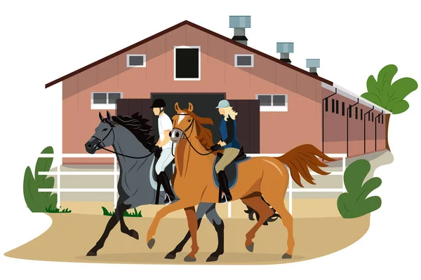 Ilustración vectorial del deporte ecuestre en estilo plano. Estable. Un hombre y una mujer montan a caballo. Imagen realista. Montar a caballo. Clases de equitación — Archivo Imágenes Vectoriales