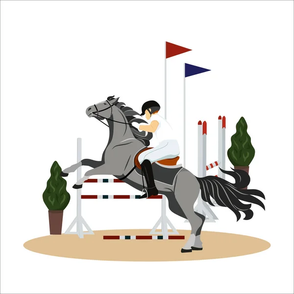 Chica realiza en un caballo en una competición. Jockey a caballo. Montar a caballo. Deporte ecuestre. Ilustración vectorial aislada en un estilo plano. — Archivo Imágenes Vectoriales