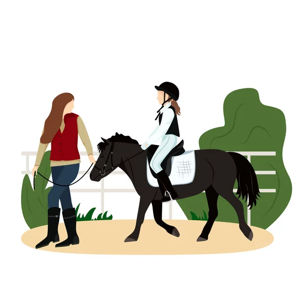 Ilustración vectorial del deporte ecuestre en estilo plano. La chica está montando un pony. La mujer lleva el caballo bajo los nudos. Imagen realista. Montar a caballo. Clases de equitación — Archivo Imágenes Vectoriales