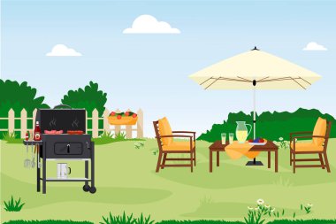 Patio alanı düz vektör çizimi. Bahçede yeşil çimenler, ağaçlar ve çalılar var. Çizgi film masası ve sandalyeler modern mobilyalar. Barbekü yaz partileri için bahçe mobilyaları.