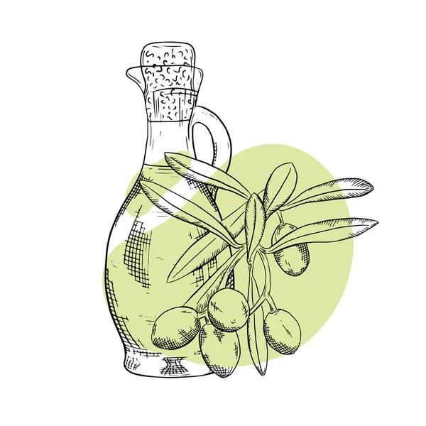 Ручной рисунок ветки оливковой веточки. Бутылка, графин с оливковым маслом. Векторная иллюстрация стиля гравировки. Можно использовать в меню, брошюрах, рекламе, этикетках — стоковый вектор