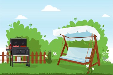 Patio düz vektör çizimi. Evin arka bahçesinde barbekü, yeşil çimenler, ağaçlar ve çalılar var. Veranda salıncak halatları, tente ve yumuşak yastıklar. Barbekülü partiler için bahçe mobilyaları.