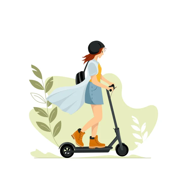 Jeune personnage féminin avec sac à dos tour moderne transport urbain électrique kick scooter. Le millénium adulte hipster actif utilise les technologies d'écologie du mode de vie. Illustration vectorielle sur le paysage urbain — Image vectorielle