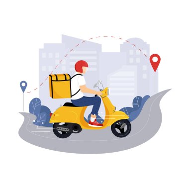 Düz vektör çizgi film karakteri olan Scooter. Hızlı kurye. Restoran yemeği, posta servisi, yemek. Web sayfası, uygulama tasarımı. Şehir manzarası geçmişi..