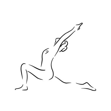 Yoga savaşçısı pozunda stilize edilmiş insan, virabhadrasana. Çizgi sanatı stilinin vektör illüstrasyonu. Yoga düz çizgi simgesi, basit poz vermiş kadın el çizimi illüstrasyonu
