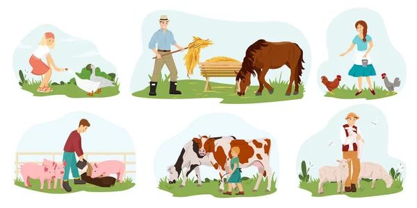 Un grupo de granjeros, gente que cuida mascotas. Ilustración plana vectorial. Colección de personajes, chicas, chicos, niños, trabajando en el campo. Concepto de estilo rural. — Archivo Imágenes Vectoriales