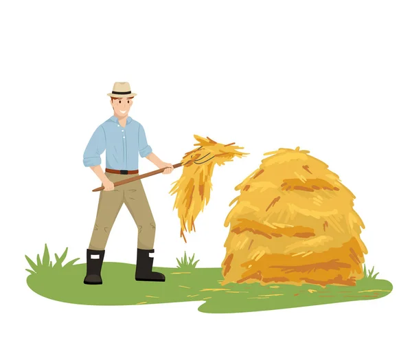Un granjero con un sombrero sosteniendo una horquilla recoge heno en una pila. Trabajo agrícola. Ilustración vectorial en un estilo plano. — Archivo Imágenes Vectoriales
