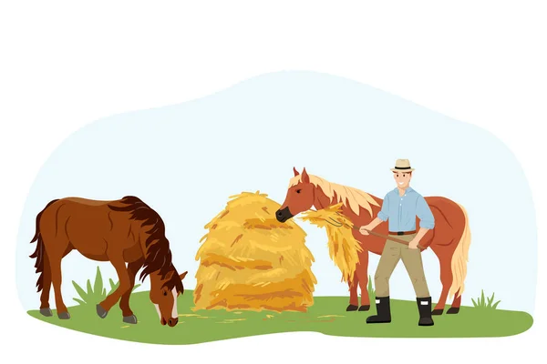 その男は最愛の馬の世話をし、干し草を与える。2頭の馬が農場で干し草を食べる。田舎のペット。農業労働。白い背景に孤立した文字。平型ベクトルイラスト — ストックベクタ