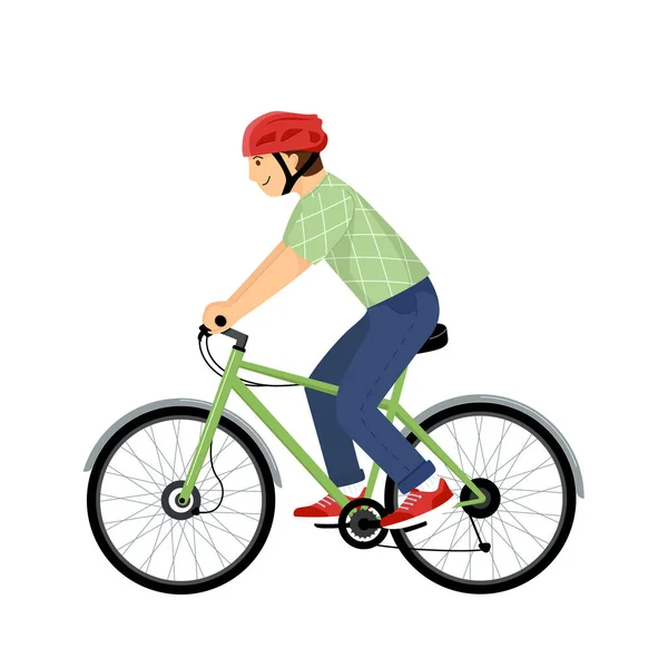 若い男は、スポーツバイクベクトルフラットデザインイラストに乗っています。活動と健康的なライフスタイルの概念。白に隔離された — ストックベクタ
