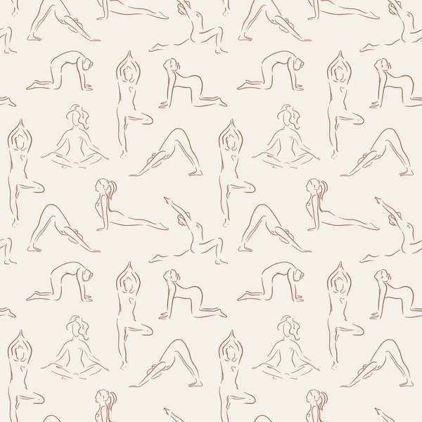 Vector naadloos patroon in lijn kunststijl van de vrouw die yoga doet. Een stel yoga poses. Leuke trend kleur achtergrond. Patroon voor yoga studio, textiel. Meisje in een yoga pose — Stockvector