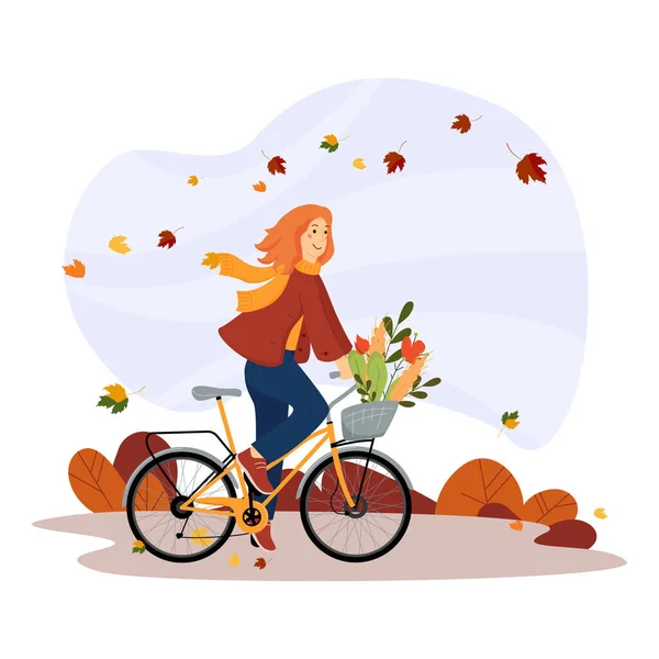 Hello, Autumn. Happy young girl rides a bike in the park. Healthy lifestyle and active recreation. Vector illustration in a flat style. — Stockvector
