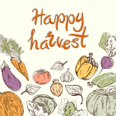 Sebzeler, renkli grafik mürekkep vektörü çizimi. El çizimi çizimi. El yazısıyla tebrik kartı Mutlu hasat mektupları.