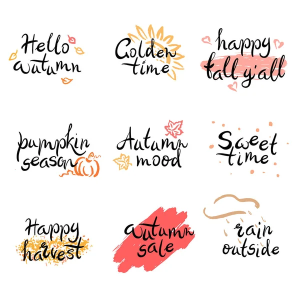 Big lettering set of autumn quotes with decorative elements isolated on white background. Hello autumn, pumpkin season, autumn sale, happy harvest, autumn mood, happy fall yall. Vector illustration — Stock Vector