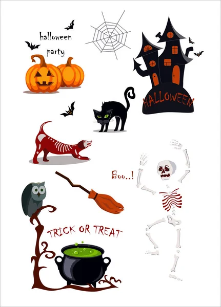 Set de elementos de diseño de Halloween. Lettering and Hand Drawn Cartoon Doodles. Plantillas para carteles, invitaciones a fiestas, pegatinas, tarjetas de regalo. Lindo Vector Ilustración — Archivo Imágenes Vectoriales