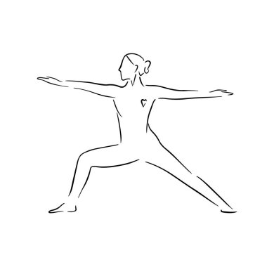 Yoga savaşçısı pozunda stilize edilmiş insan, virabhadrasana. Çizgi sanatı stilinin vektör illüstrasyonu. Yoga düz çizgi simgesi, basit poz vermiş kadın el çizimi illüstrasyonu