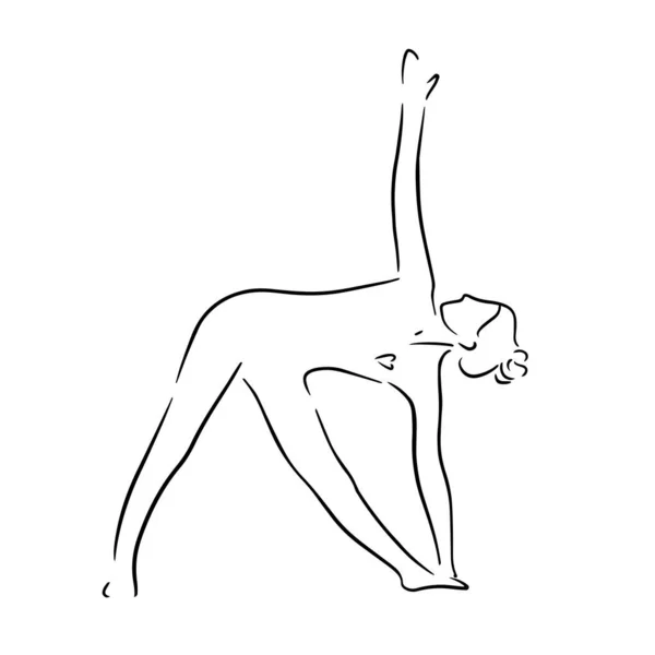 Stylizovaný muž v póze trojúhelníku jógy. Obrázek ve stylu vektorové čáry. Jóga představuje ikonu ploché čáry, jednoduché znamení ženy v jednoduché póze ručně kreslené ilustrace — Stockový vektor