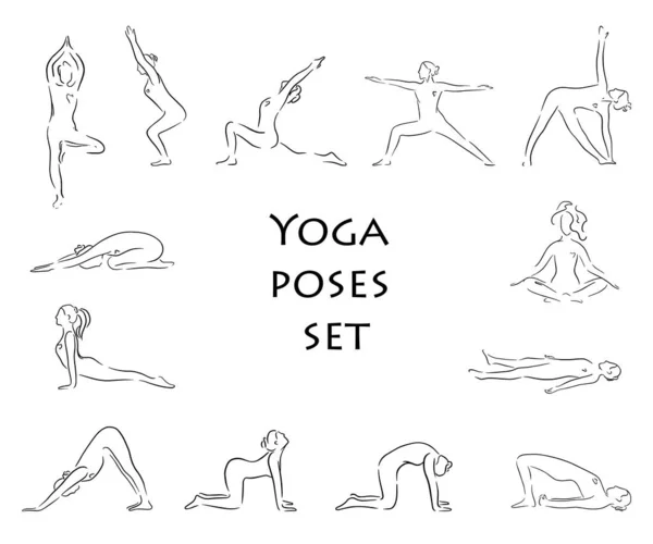 Frauensilhouetten. Sammlung von Yoga-Posen. Asana-Set. Vektorillustration — Stockvektor