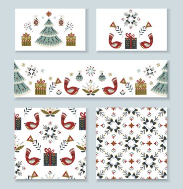 Kuşlar, ağaçlar, hediyeler ve kar taneleriyle İskandinav halk Noel seti. Kusursuz xmas desenleri, sınır ve simetrik bileşimler. Kış dekorasyonu ve tatil tasarımı için rahat şenlik tarzı süsler