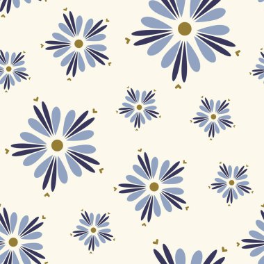 Mavi papatyaları ve krem arka planda altın kalpleri olan kusursuz bir desen. Kumaş, ambalaj kağıdı, ev dekorasyonu için İskandinav halk motiflerinden esinlenen geometrik çiçeklerle taze ve neşeli tasarım