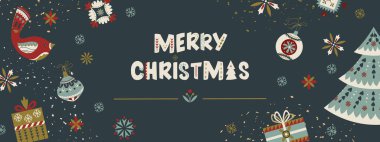 Kuşlar, köknar ağaçları, hediyeler ve Kuzey halk tarzında süslerle kaplanmış siyah Noel afişi. Kutlama kartları, kış satışları, web sitesi başlıkları ve modaya uygun tatil baskıları için zarif festival vektör tasarımı