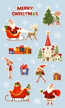 Noel Baba 'nın, elflerin, ren geyiklerinin, hediyelerin ve şenlikli ağacın olduğu şirin bir Noel çıkartması. Mevsimlik dekorasyon, planlama, hatıra defteri ve bayram dekorasyonu için güzel bir kış koleksiyonu. Çizgi film vektör karakterleri